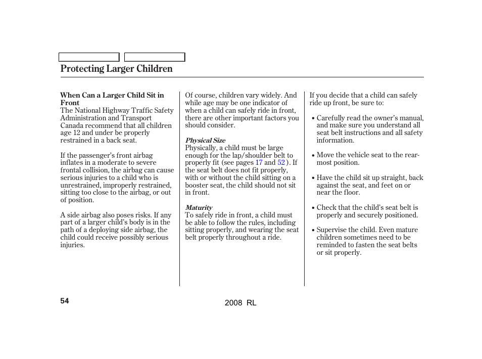 Protecting larger children | Acura 2008 RL User Manual | Page 57 / 500