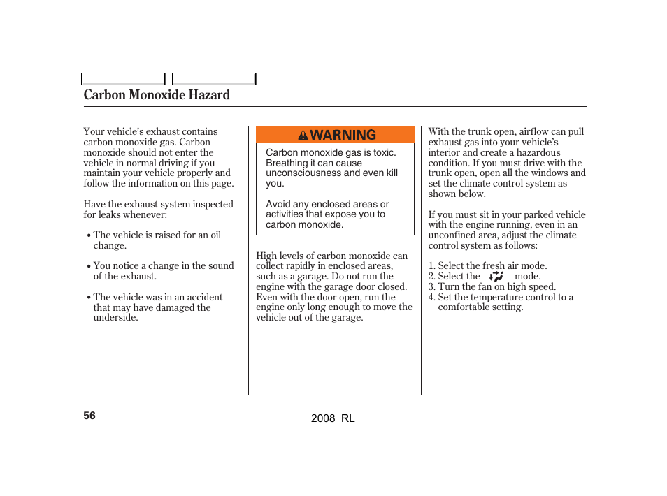 Carbon monoxide hazard | Acura 2008 RL User Manual | Page 59 / 500