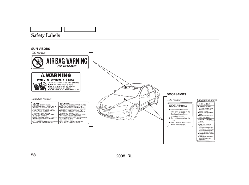 Safety labels | Acura 2008 RL User Manual | Page 61 / 500