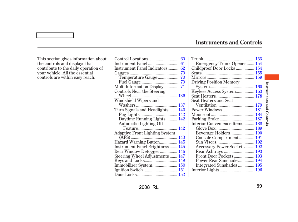 Instruments and controls | Acura 2008 RL User Manual | Page 62 / 500
