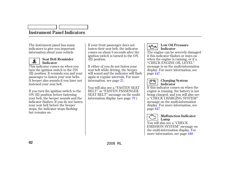 Instrument panel indicators | Acura 2008 RL User Manual | Page 65 / 500