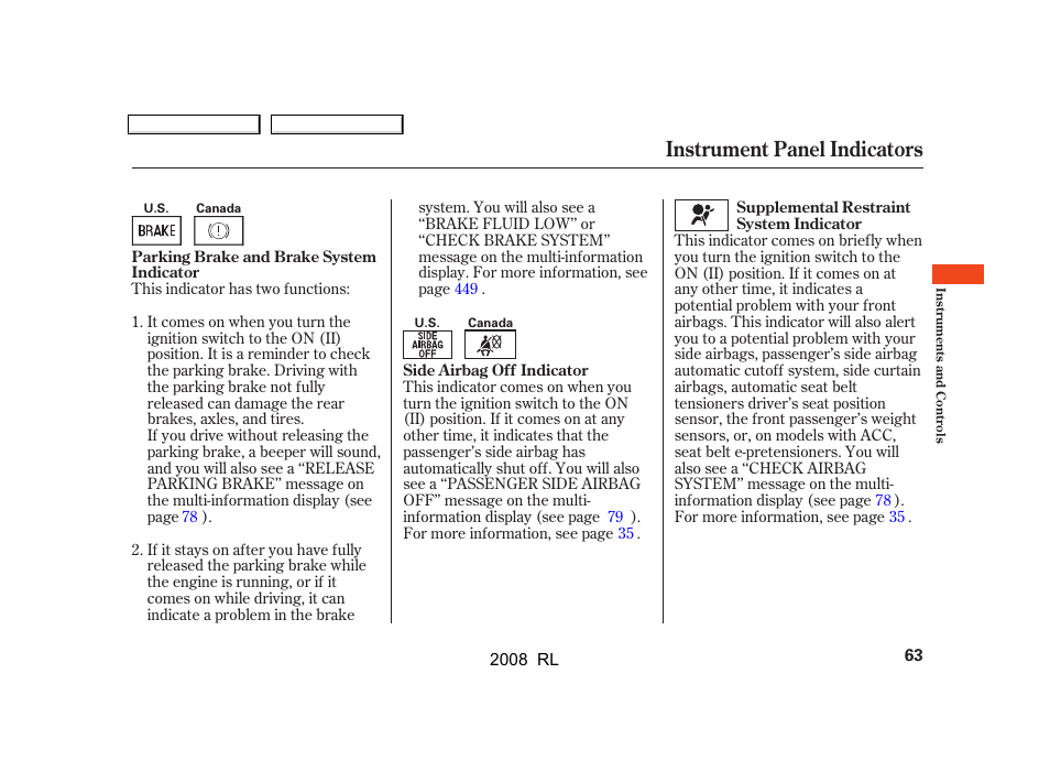 Instrument panel indicators | Acura 2008 RL User Manual | Page 66 / 500