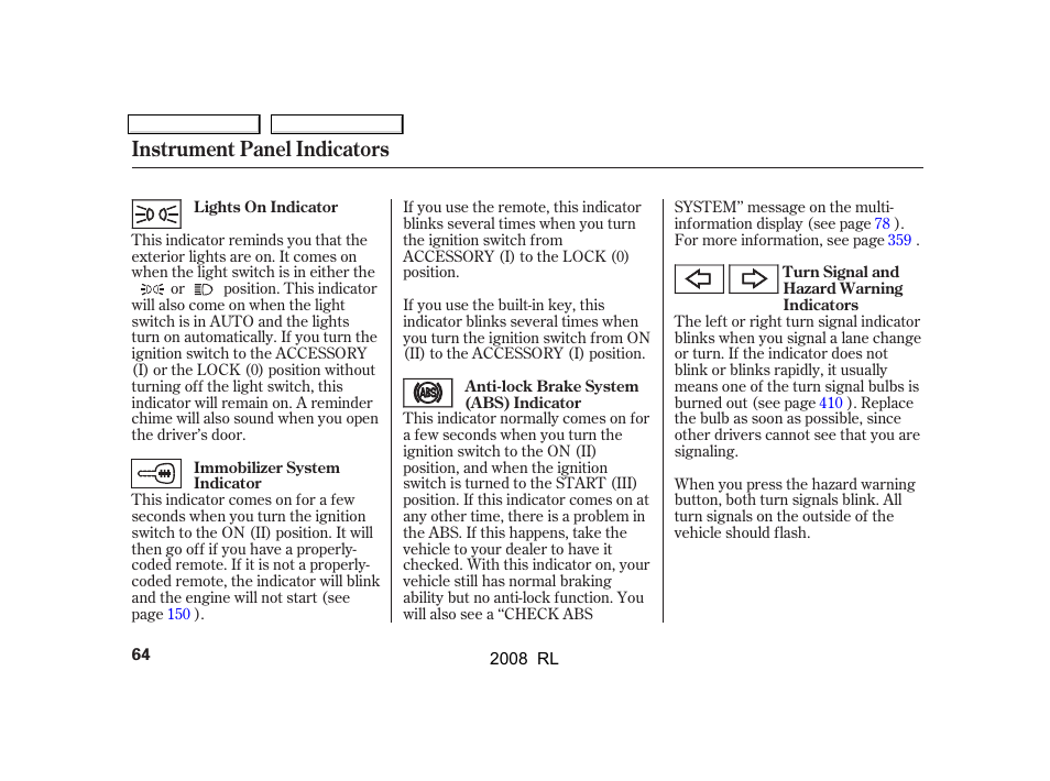 Instrument panel indicators | Acura 2008 RL User Manual | Page 67 / 500