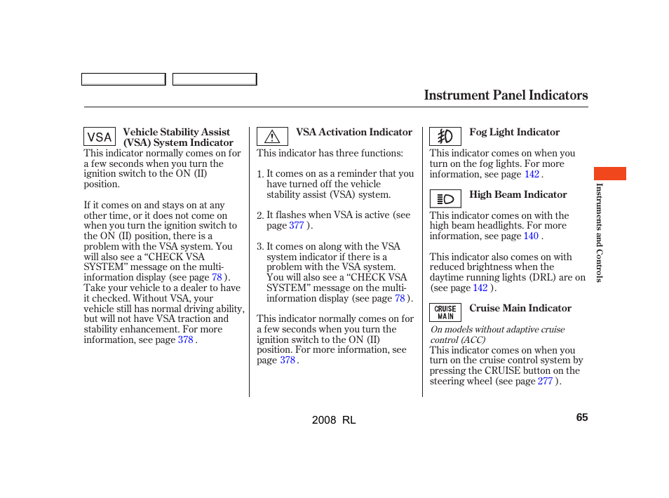 Instrument panel indicators | Acura 2008 RL User Manual | Page 68 / 500
