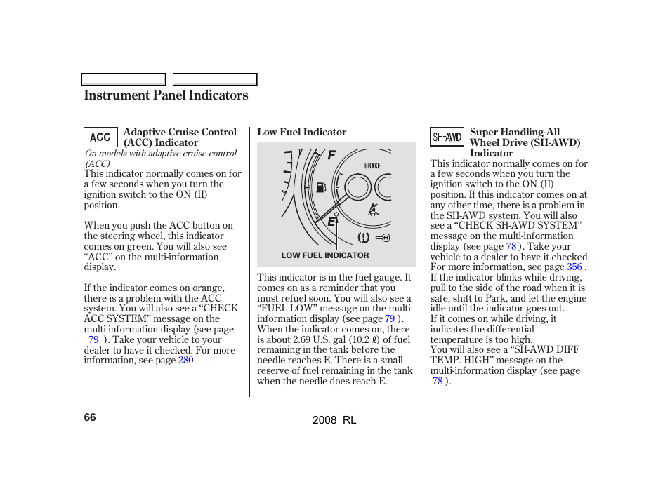 Instrument panel indicators | Acura 2008 RL User Manual | Page 69 / 500
