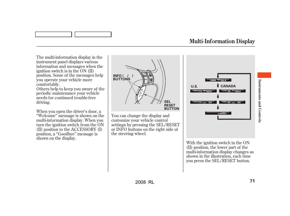 Multi-information display | Acura 2008 RL User Manual | Page 74 / 500