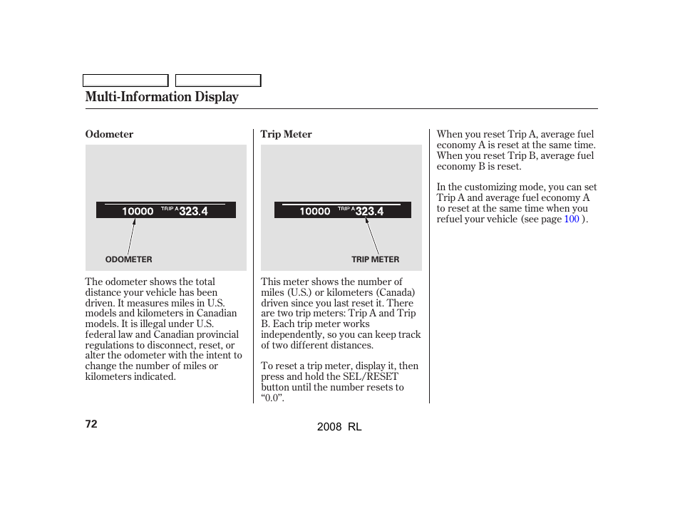 Multi-information display | Acura 2008 RL User Manual | Page 75 / 500