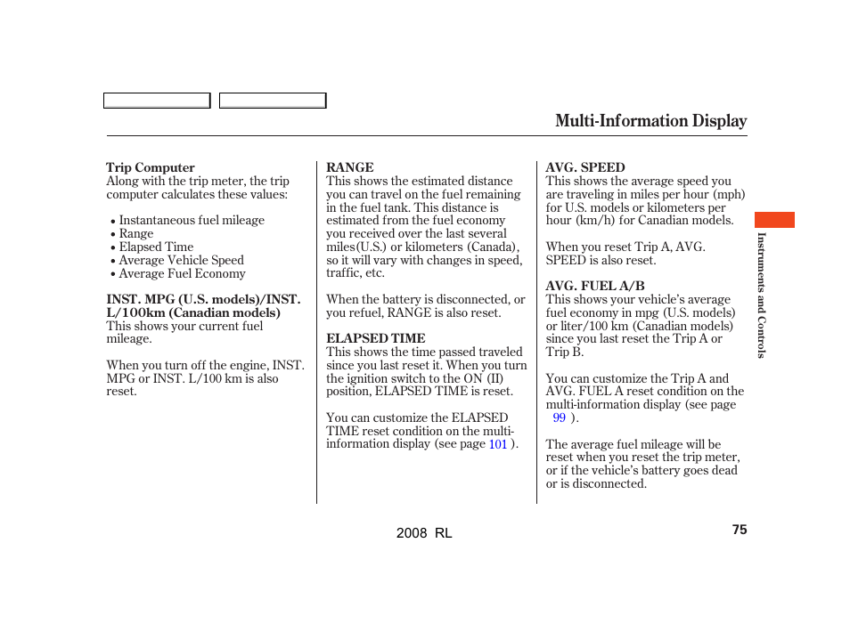 Multi-information display | Acura 2008 RL User Manual | Page 78 / 500