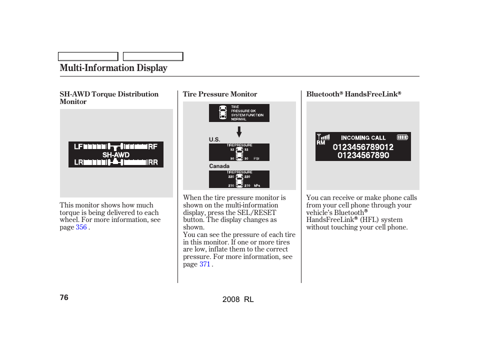Multi-information display | Acura 2008 RL User Manual | Page 79 / 500