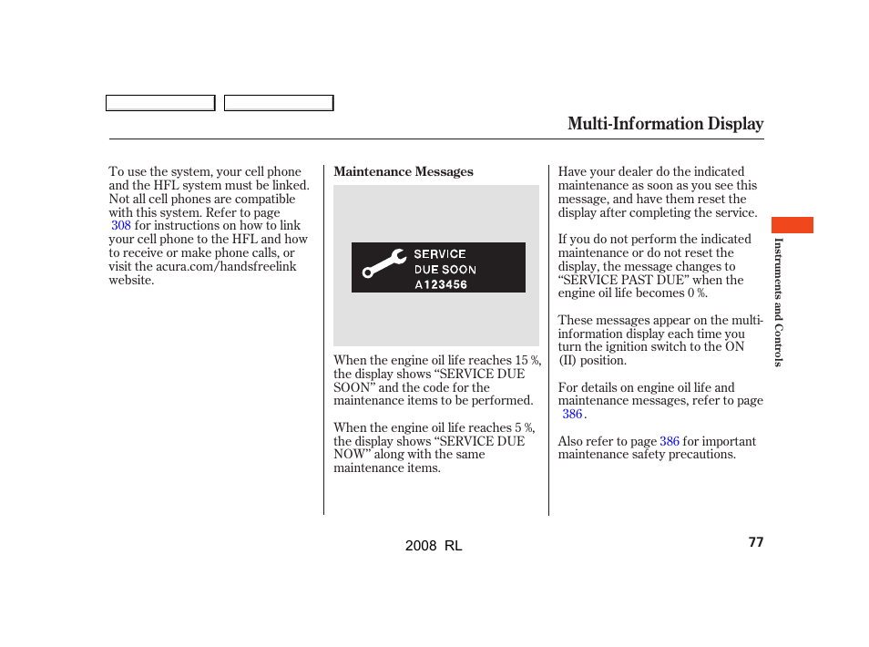 Multi-information display | Acura 2008 RL User Manual | Page 80 / 500