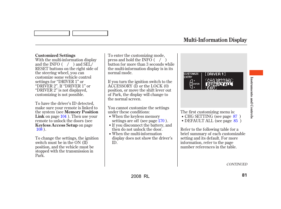 Multi-information display | Acura 2008 RL User Manual | Page 84 / 500