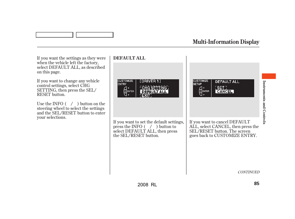 Multi-information display | Acura 2008 RL User Manual | Page 88 / 500