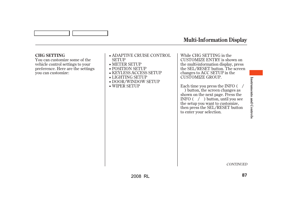 Multi-information display | Acura 2008 RL User Manual | Page 90 / 500