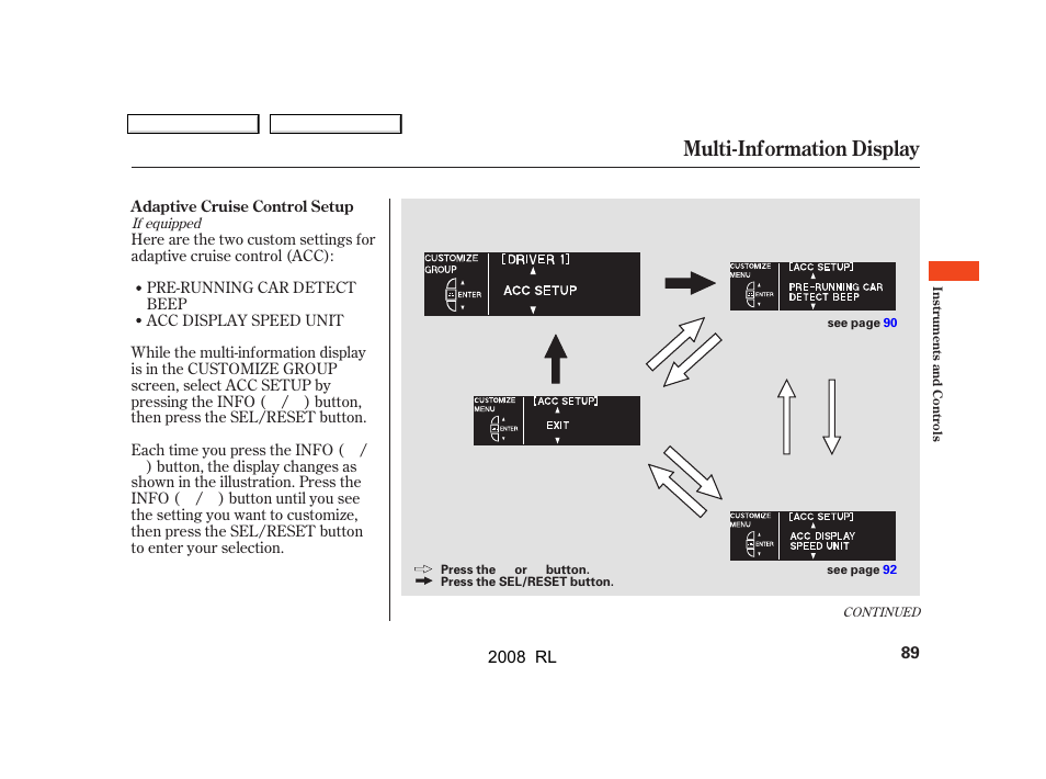 Multi-information display | Acura 2008 RL User Manual | Page 92 / 500