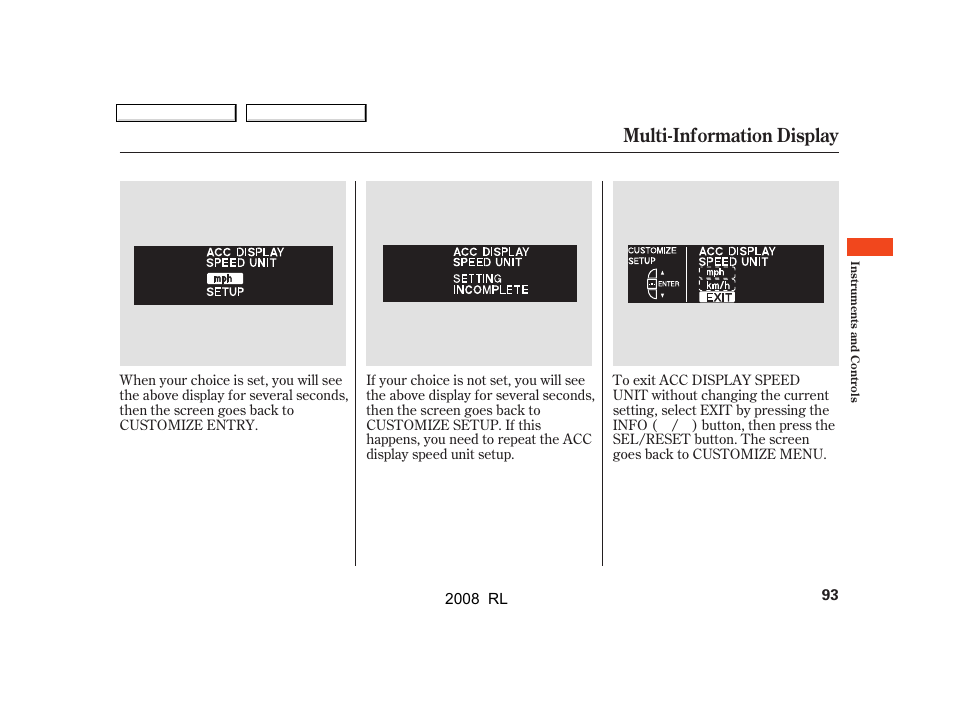 Multi-information display | Acura 2008 RL User Manual | Page 96 / 500