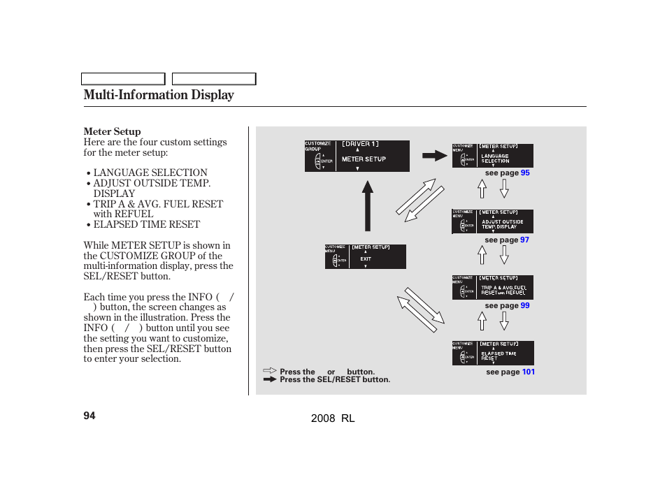 Multi-information display | Acura 2008 RL User Manual | Page 97 / 500