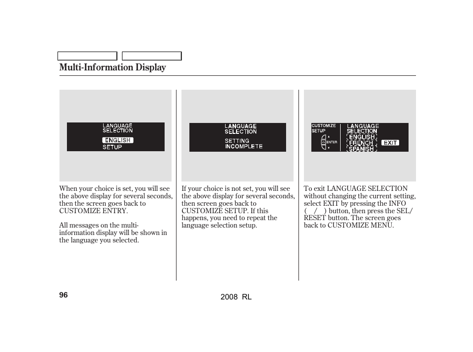 Multi-information display | Acura 2008 RL User Manual | Page 99 / 500