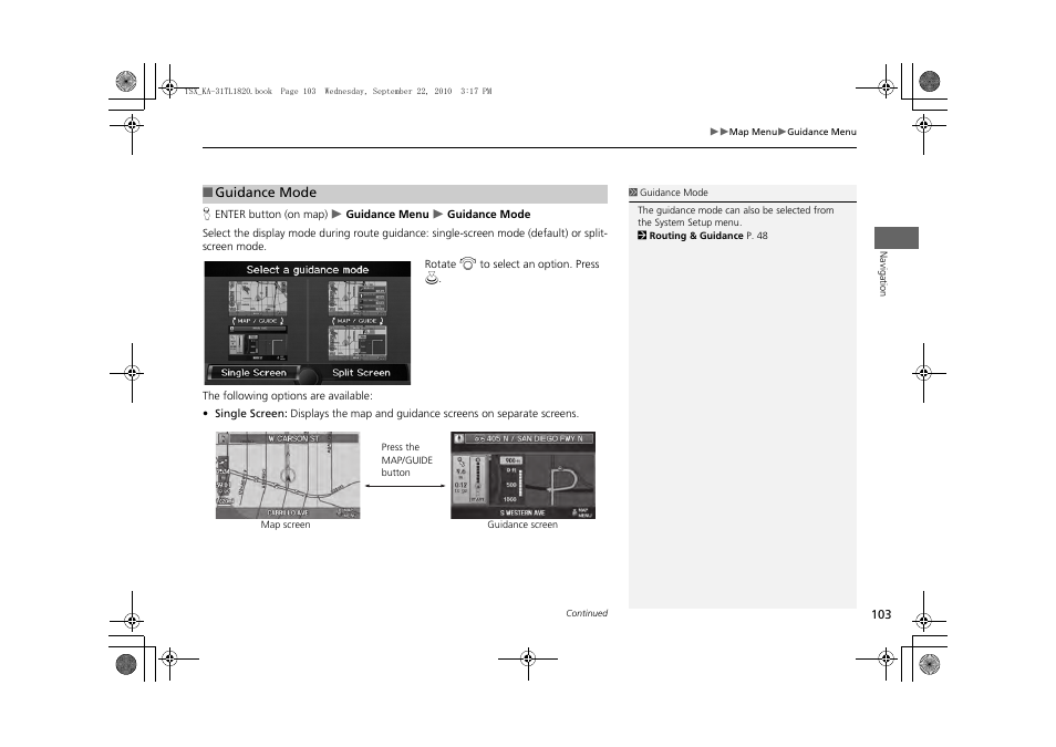P103), 2 guidance mode, P. 103 | 2 guidance mode p. 103 | Acura 2011 TSX Navigation User Manual | Page 105 / 253