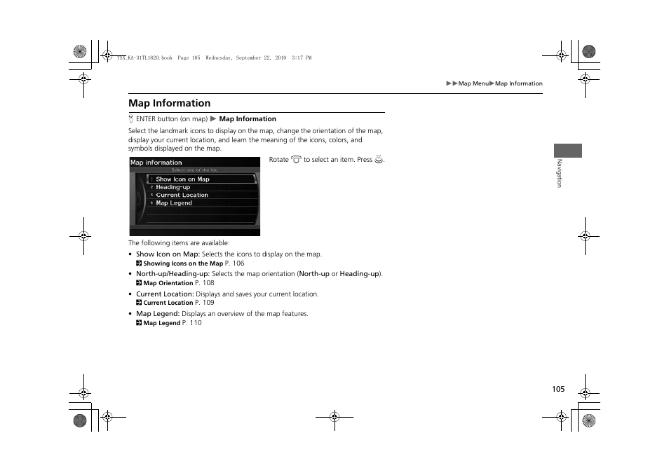 Map information, 2 map information, P. 105 | Acura 2011 TSX Navigation User Manual | Page 107 / 253