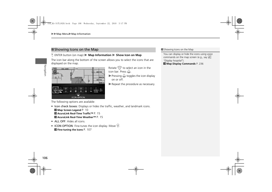 Ndmark icons, P106), 2 showing icons on the map p. 106 | 2 showing icons on the map, P. 106 | Acura 2011 TSX Navigation User Manual | Page 108 / 253