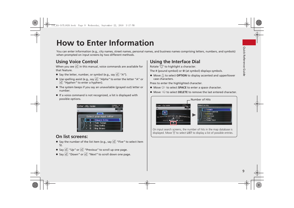 How to enter information, Using voice control, On list screens | Using the interface dial | Acura 2011 TSX Navigation User Manual | Page 11 / 253