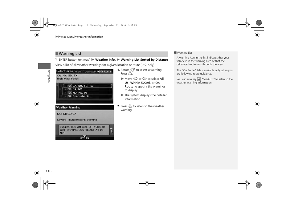 P116), Of weather warnings, 2 warning list | P. 116 | Acura 2011 TSX Navigation User Manual | Page 118 / 253