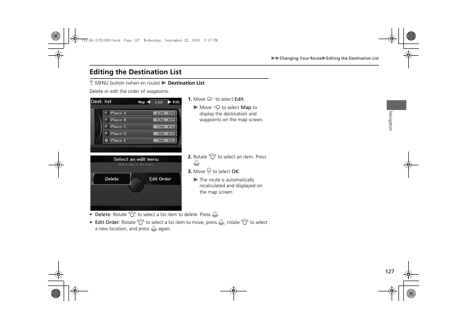 Editing the destination list, 2 editing the destination list p. 127, Order of them | 2 editing the destination list, P. 127 | Acura 2011 TSX Navigation User Manual | Page 129 / 253