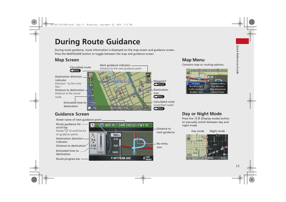 During route guidance, Map screen guidance screen, Map menu | Day or night mode | Acura 2011 TSX Navigation User Manual | Page 13 / 253