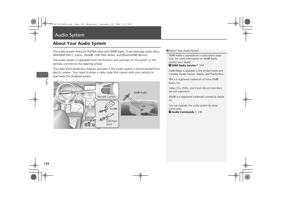 Audio system 134, Audio system, About your audio system | Acura 2011 TSX Navigation User Manual | Page 136 / 253