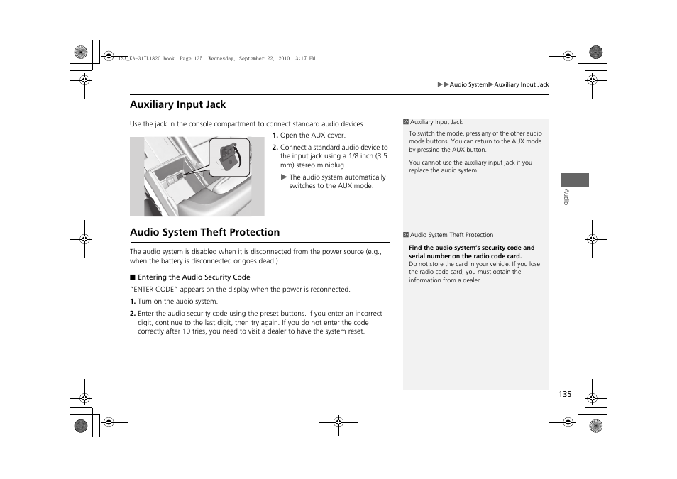Auxiliary input jack audio system theft protection, Auxiliary input jack, Audio system theft protection | Acura 2011 TSX Navigation User Manual | Page 137 / 253