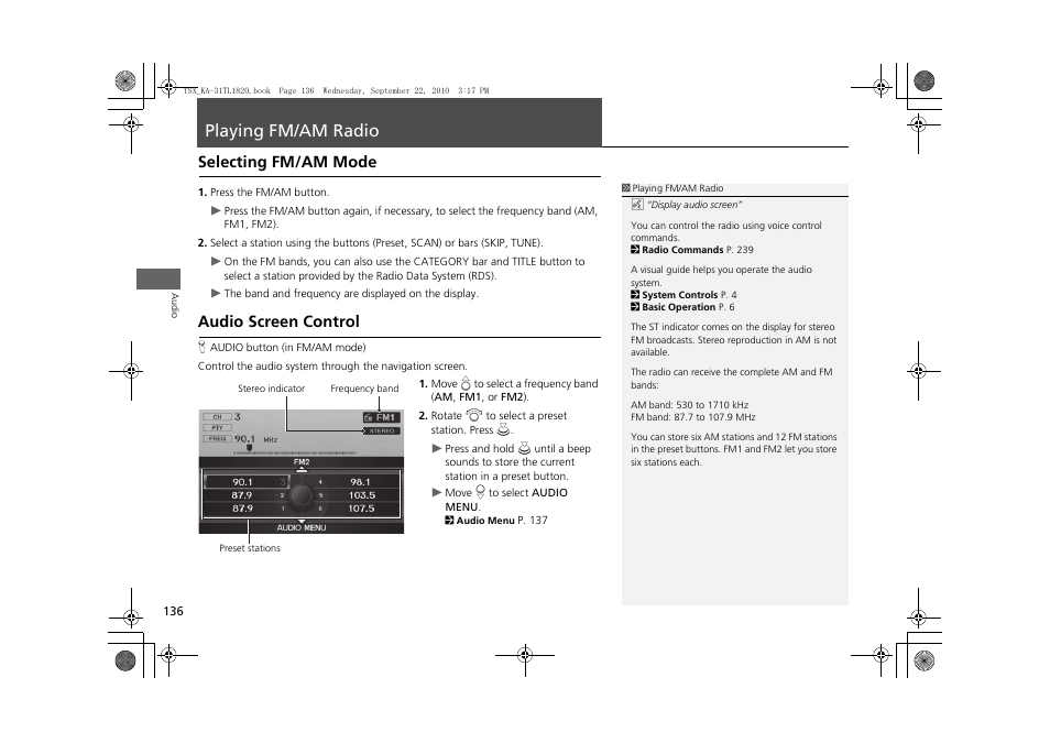 Playing fm/am radio 136, P136), Playing fm/am radio | Selecting fm/am mode audio screen control, Selecting fm/am mode, Audio screen control | Acura 2011 TSX Navigation User Manual | Page 138 / 253