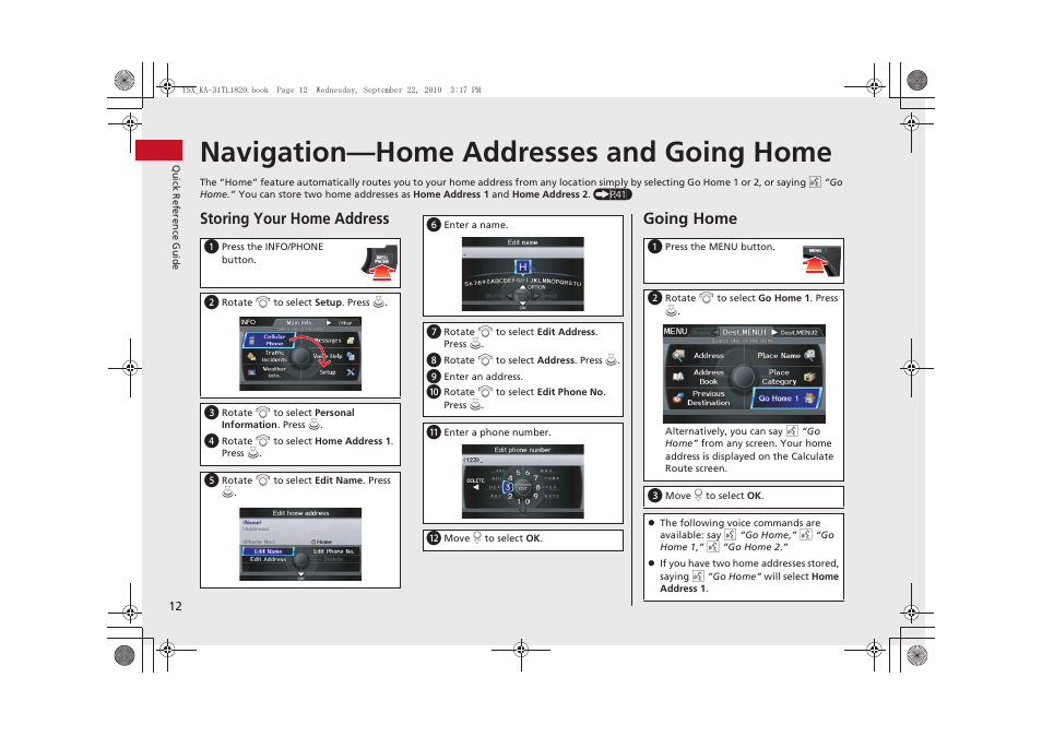 Navigation—home addresses and going home, Storing your home address, Going home | Acura 2011 TSX Navigation User Manual | Page 14 / 253