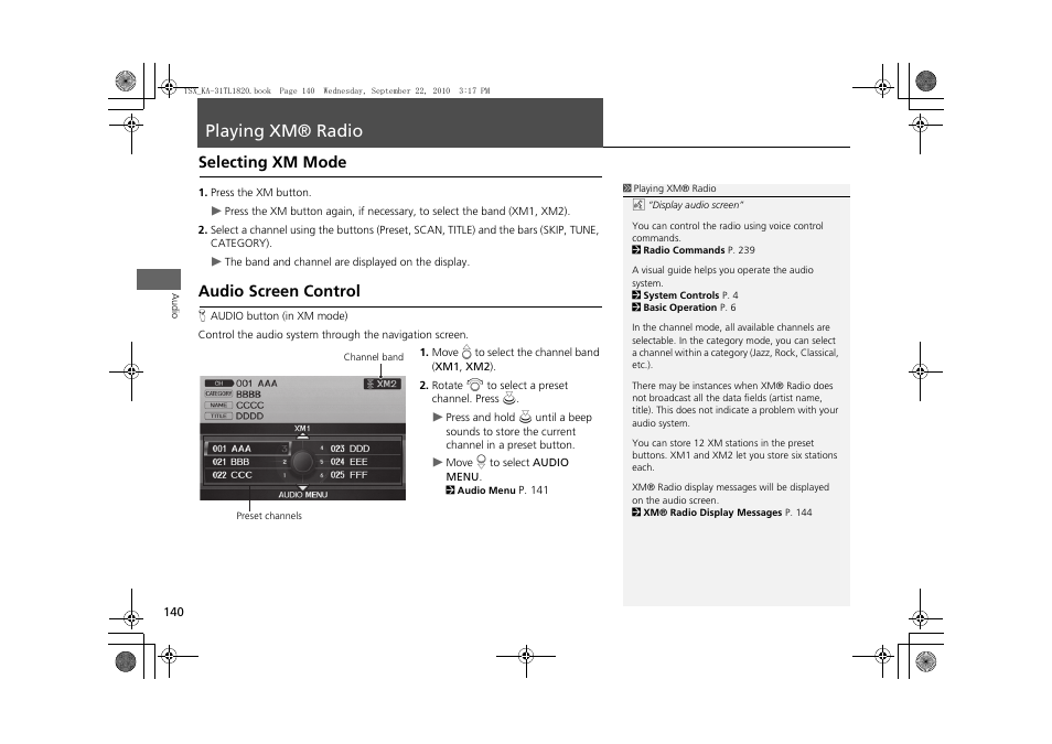Playing xm® radio 140, P140), Playing xm® radio | Selecting xm mode audio screen control, Selecting xm mode, Audio screen control | Acura 2011 TSX Navigation User Manual | Page 142 / 253