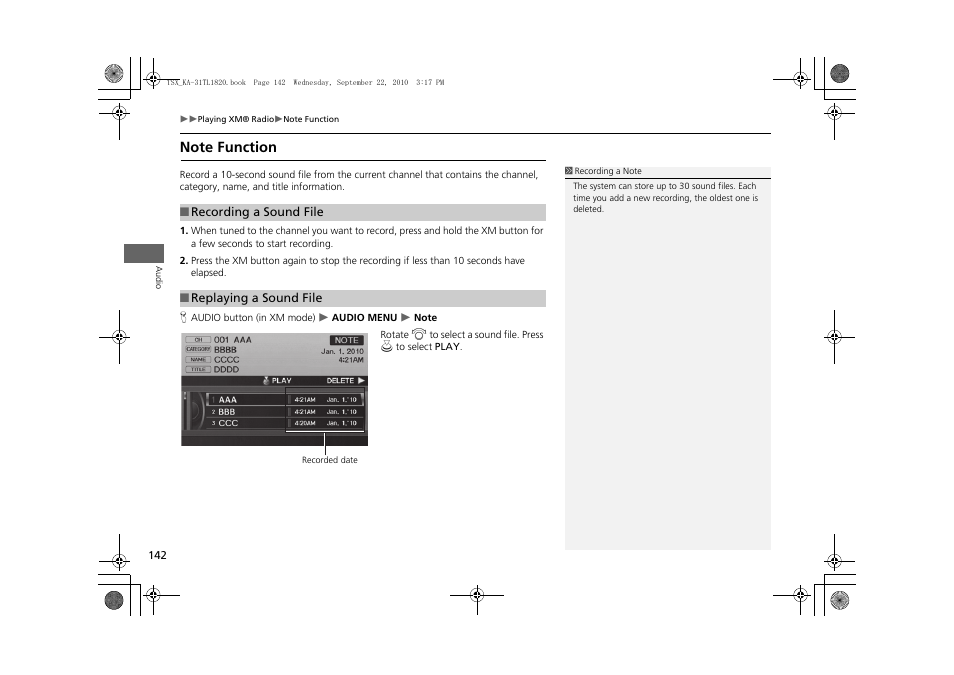 Note function, 2 note function, P. 142 | Acura 2011 TSX Navigation User Manual | Page 144 / 253