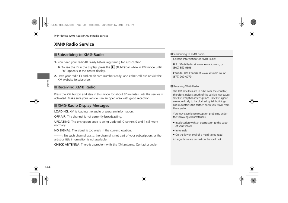 2 subscribing to xm® radio p. 144, Xm® radio service, 2 xm® radio display messages p. 144 | Acura 2011 TSX Navigation User Manual | Page 146 / 253