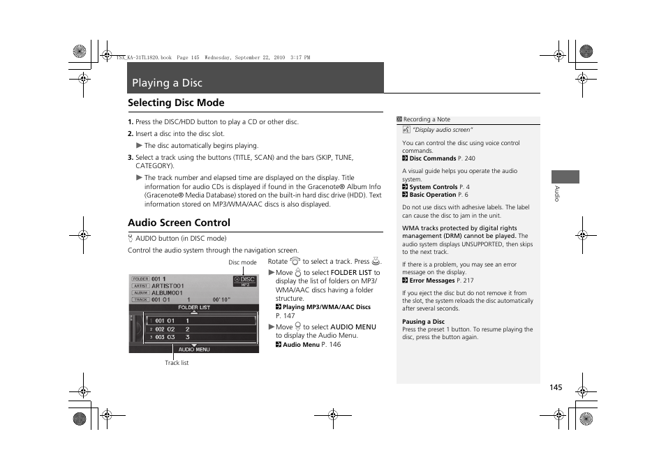 Playing a disc 145, P145), Button | Compact disc, Playing a disc, Selecting disc mode audio screen control, Selecting disc mode, Audio screen control | Acura 2011 TSX Navigation User Manual | Page 147 / 253