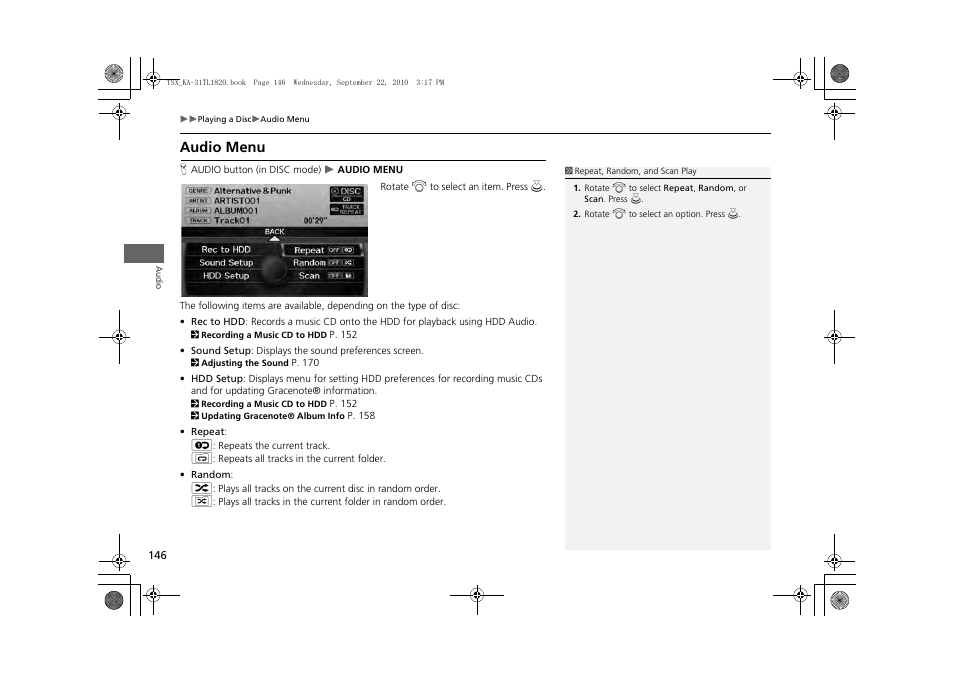 Audio menu, 2 audio menu, P. 146 | Acura 2011 TSX Navigation User Manual | Page 148 / 253