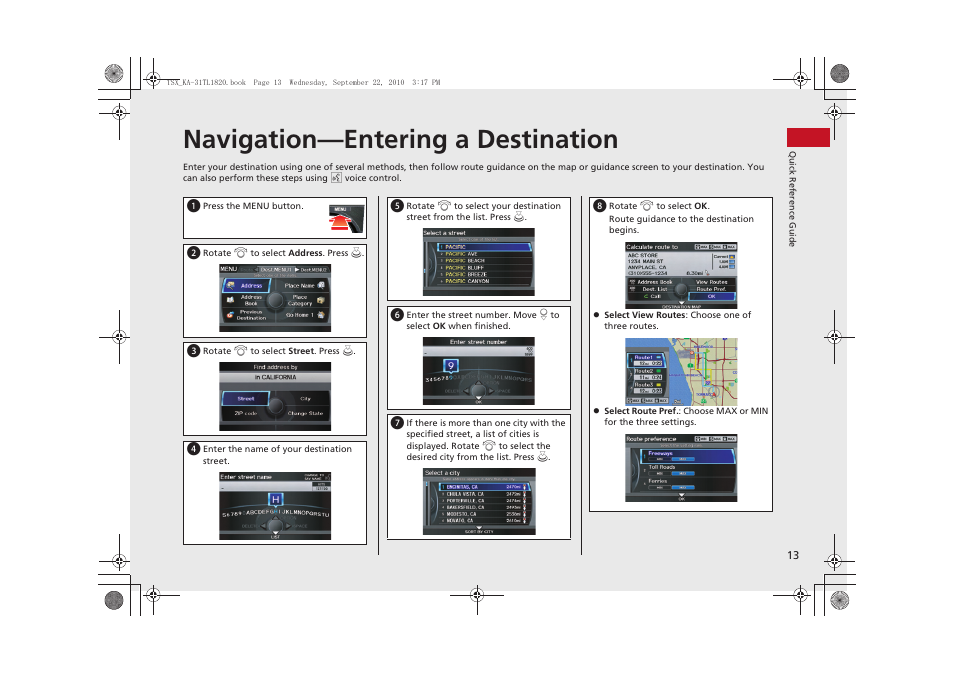 Navigation—entering a destination | Acura 2011 TSX Navigation User Manual | Page 15 / 253