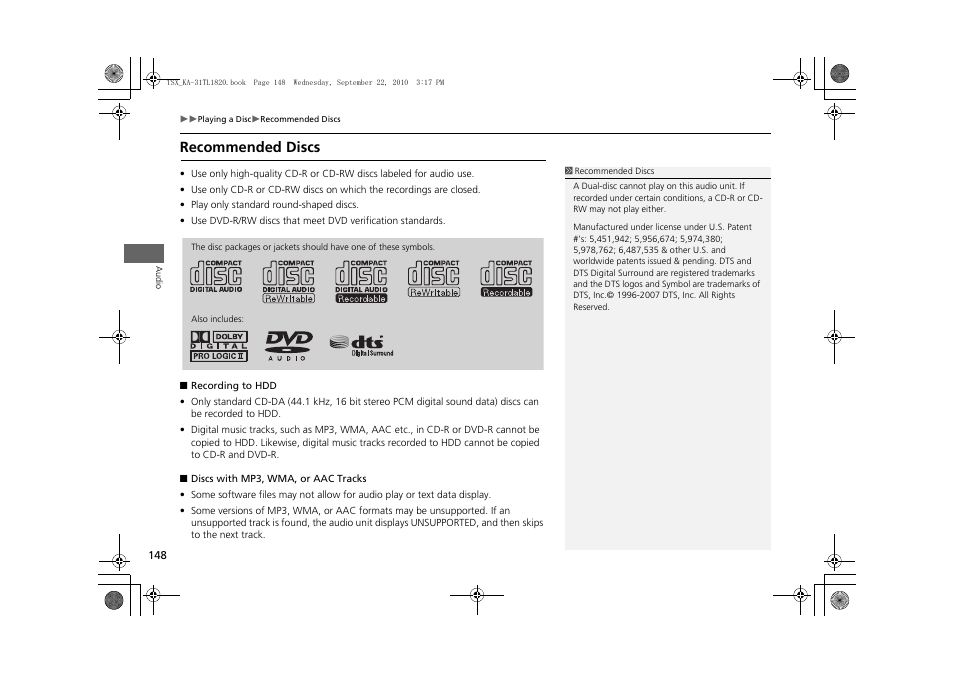 Recommended discs | Acura 2011 TSX Navigation User Manual | Page 150 / 253