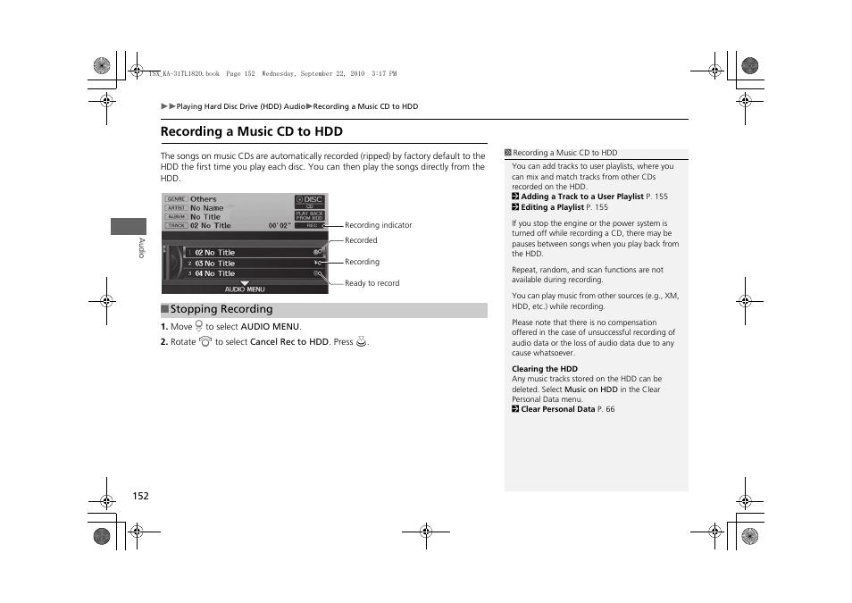 Recording a music cd to hdd, Audio, 2 recording a music cd to hdd | P. 152, E® information | Acura 2011 TSX Navigation User Manual | Page 154 / 253