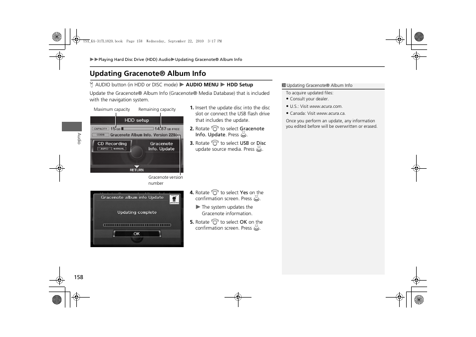 Updating gracenote® album info, 2 updating gracenote® album info, P. 158 | Acura 2011 TSX Navigation User Manual | Page 160 / 253
