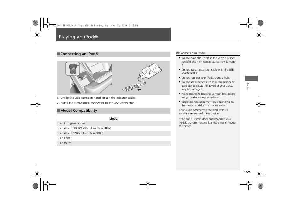 Playing an ipod® 159, P159), Usb flash drive | Playing an ipod | Acura 2011 TSX Navigation User Manual | Page 161 / 253