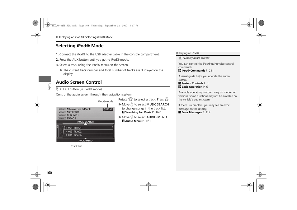 Selecting ipod® mode audio screen control, Selecting ipod® mode, Audio screen control | Acura 2011 TSX Navigation User Manual | Page 162 / 253