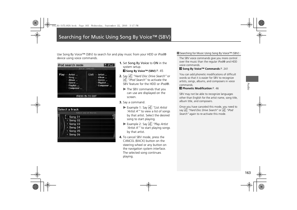 Searching for music using song by voice™ (sbv) 163, Searching for music using song by voice, Sbv) | Searching for music using song by voice™ (sbv) | Acura 2011 TSX Navigation User Manual | Page 165 / 253