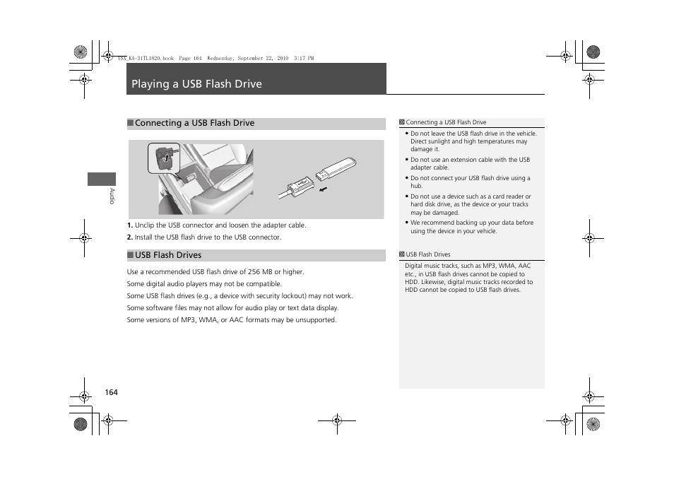 Playing a usb flash drive 164, P164), Playing a usb flash drive | Acura 2011 TSX Navigation User Manual | Page 166 / 253