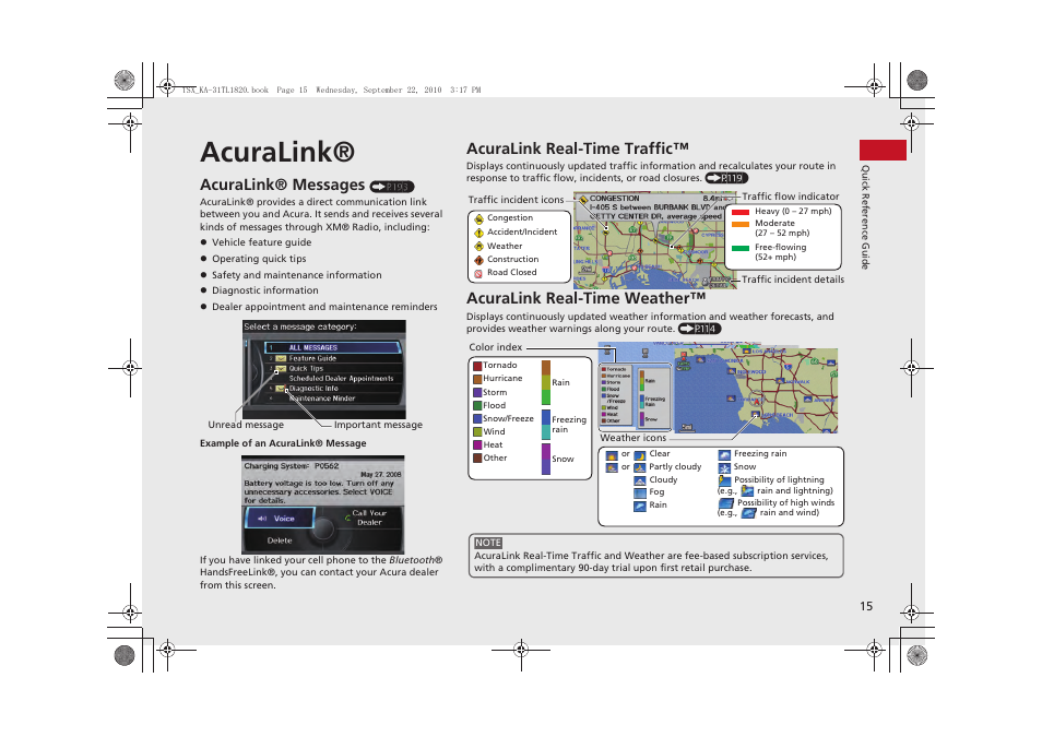 Acuralink, Acuralink® messages, Acuralink real-time traffic | Acuralink real-time weather | Acura 2011 TSX Navigation User Manual | Page 17 / 253