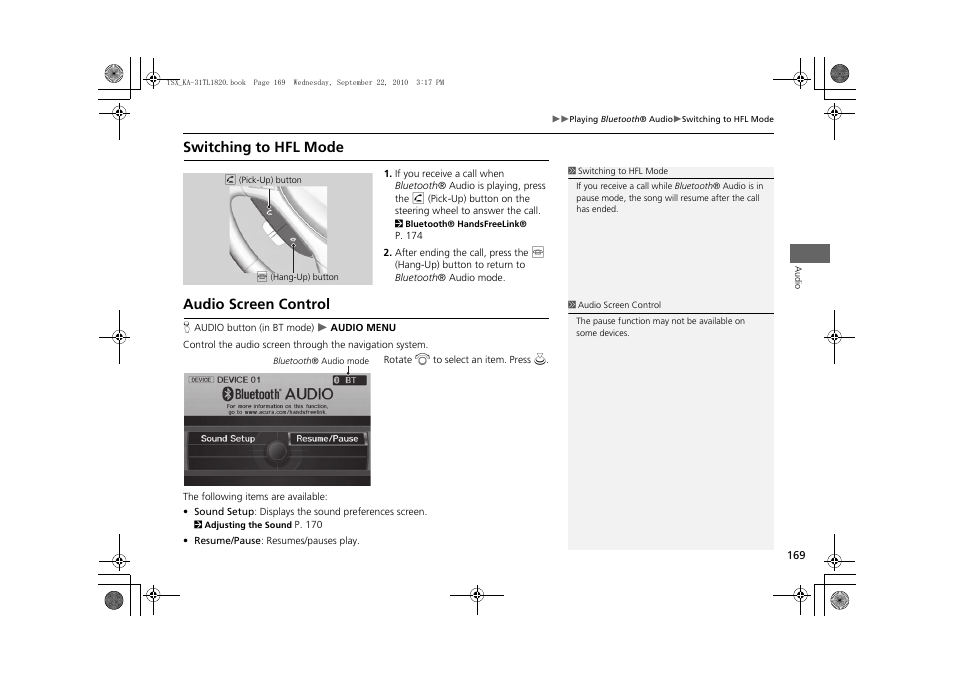 Switching to hfl mode audio screen control, Switching to hfl mode, Audio screen control | Acura 2011 TSX Navigation User Manual | Page 171 / 253