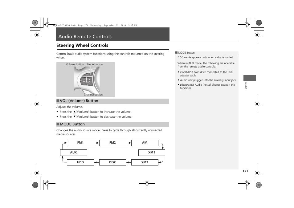 Audio remote controls 171, P171), Audio remote controls | Steering wheel controls | Acura 2011 TSX Navigation User Manual | Page 173 / 253