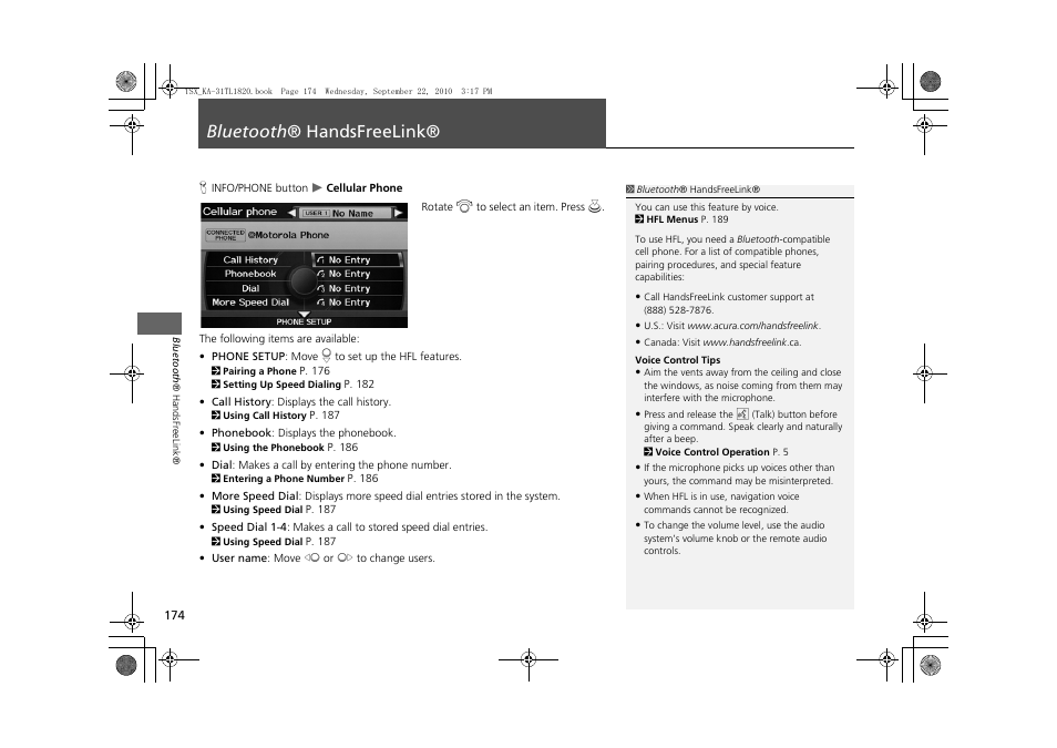 Bluetooth ® handsfreelink® 174, P174), 2 bluetooth® handsfreelink® p. 174 | 2 bluetooth® handsfreelink, P. 174, Bluetooth ® handsfreelink | Acura 2011 TSX Navigation User Manual | Page 176 / 253