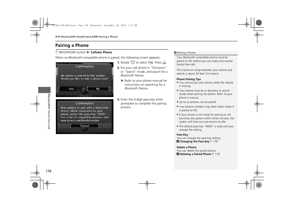 Pairing a phone 176, 2 pairing a phone, P. 176 | Pairing a phone, Features | Acura 2011 TSX Navigation User Manual | Page 178 / 253
